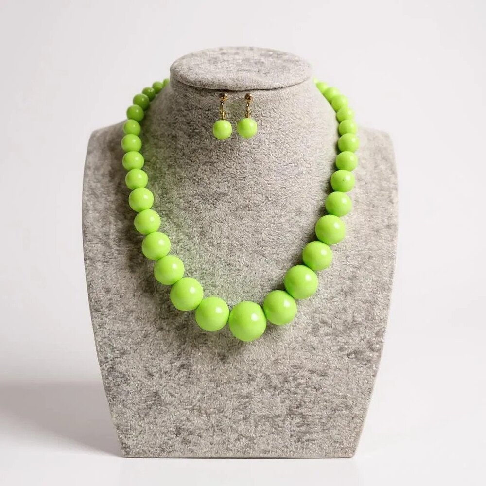 Green Lucite Bead Gradual Necklace With Post earring Set